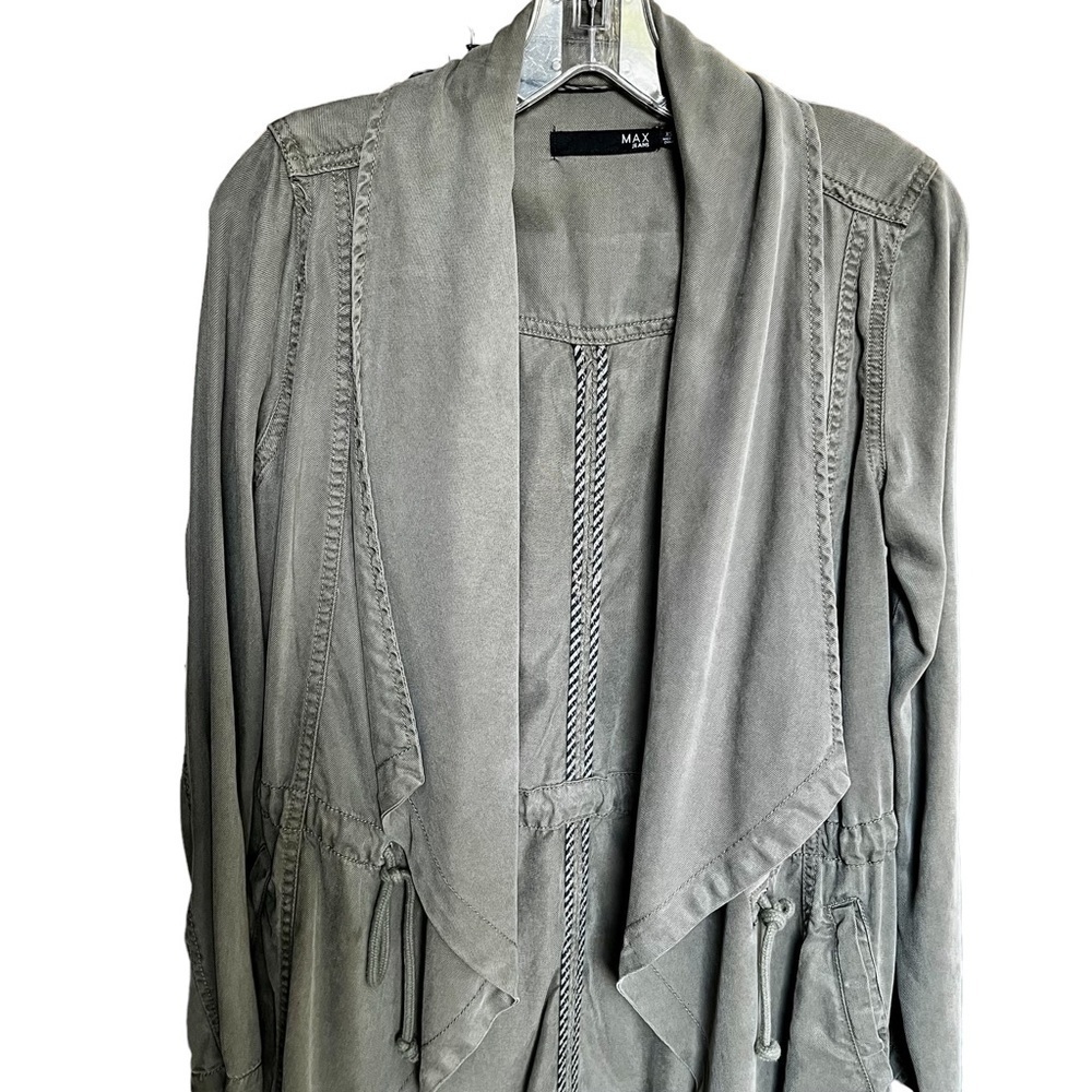 Max Jeans Army Green Utility Jacket Long Lined Draped Drawstring Waist Pocket XS - Picture 3 of 15